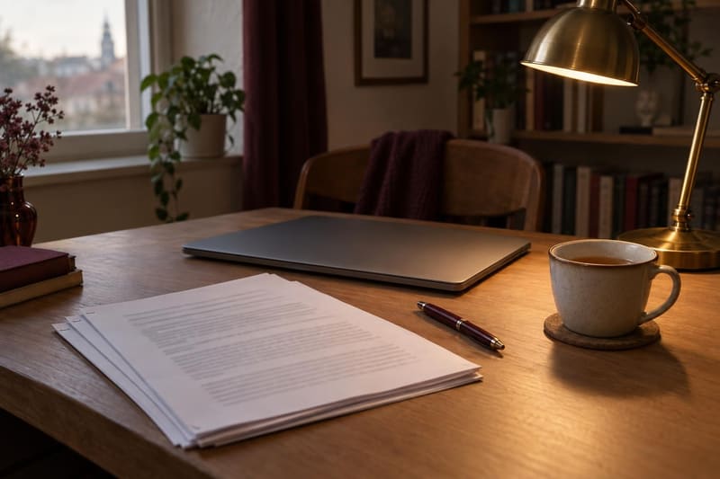 Printed pages of a take-home essay on a desk, next to a laptop under evening lamp light