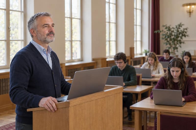 An exam supervisor stands by a laptop at the front of the room, calmly watching the students in headsets