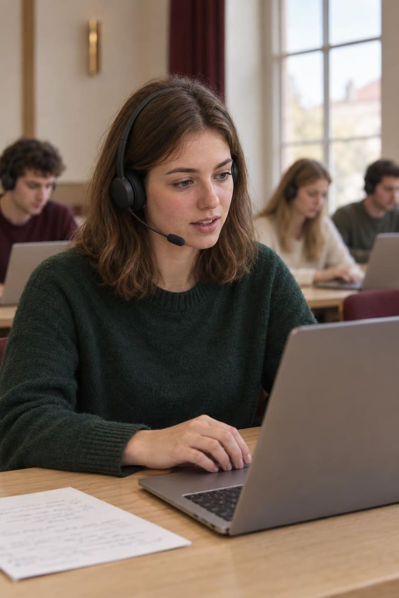 A young student wearing a headset with a microphone calmly speaks towards her laptop in a bright room