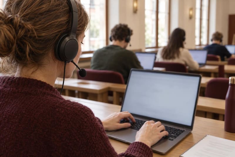 A student in a headset types a short outline on her laptop before answering