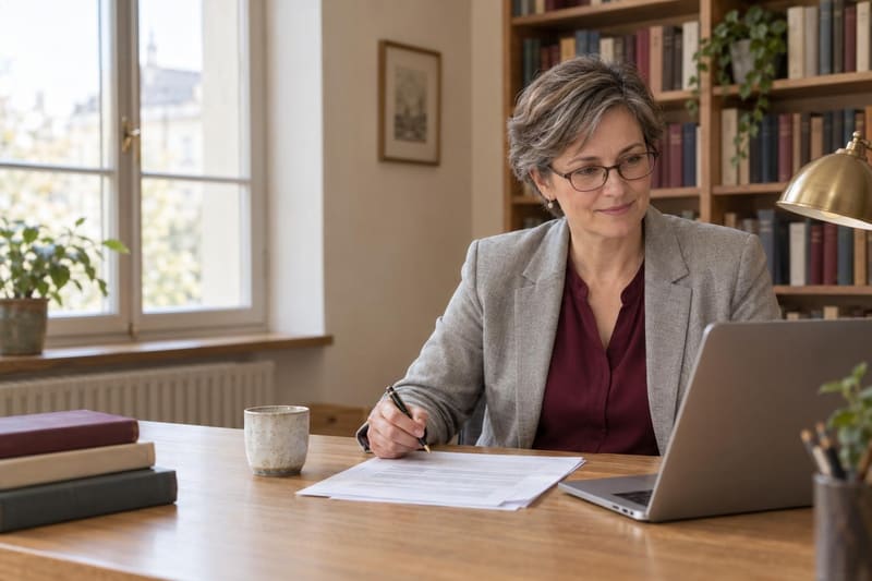 A lecturer in her book-lined office reviewing exam topics on her laptop, with notes beside her