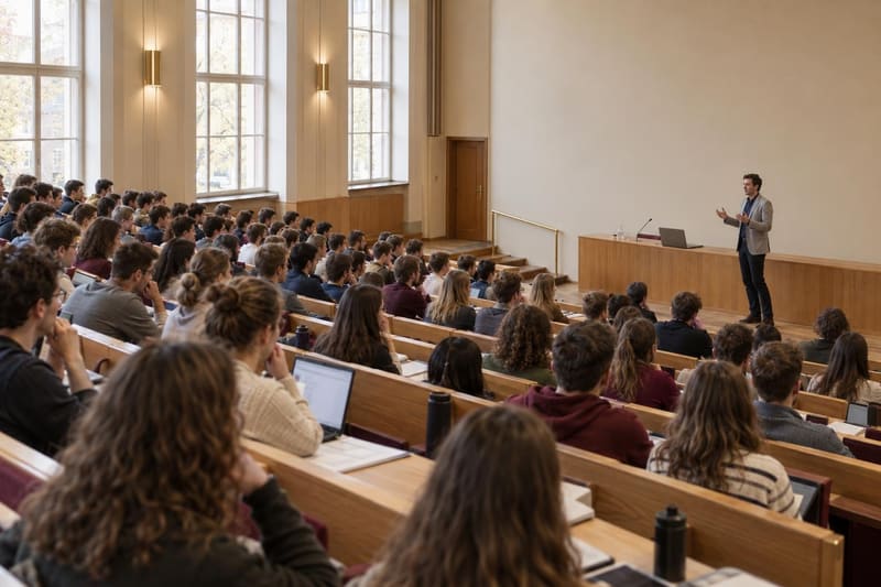 A lecturer speaks to a full, tiered lecture hall of students
