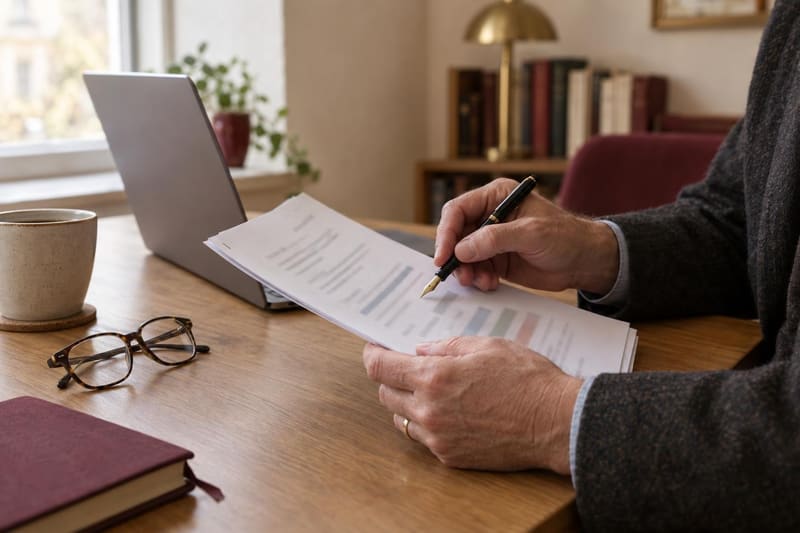 A lecturer holds a printed exam report and marks it with a pen, next to an open laptop