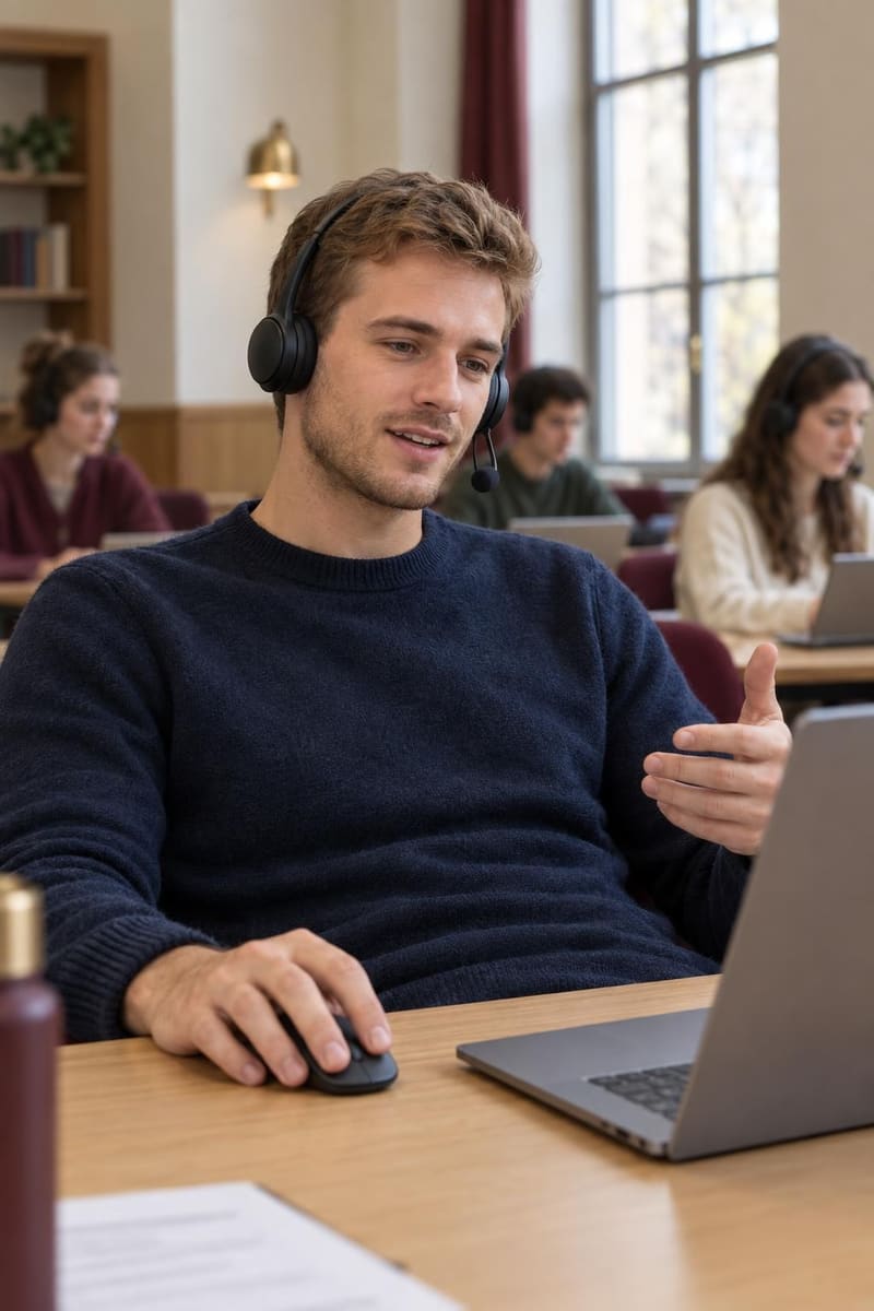 A student in a headset speaks freely at his laptop, one hand resting on the mouse