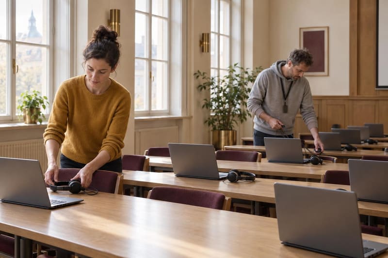 Two staff members place headsets next to laptops in an empty room, preparing for a room trial
